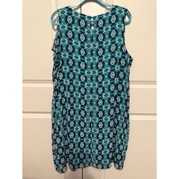 Dana Buchman Women's XL Teal Blue Geometric Print Sleeveless Ruffle Dress Lined - Picture 11 of 14